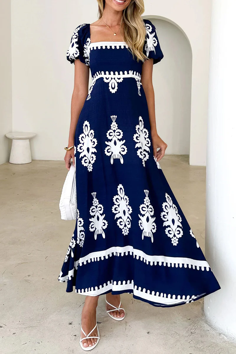 Casual Geometric Print Pocket Contrast Square Neck A Line Short Sleeve Dress - Panekey