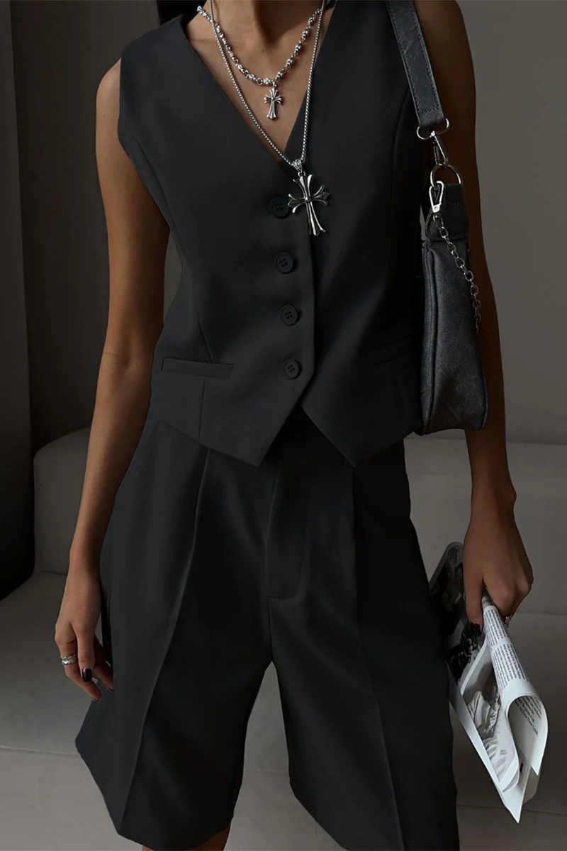 British Style Elegant Solid Pocket Buttons V Neck Sleeveless Two Pieces - Panekey