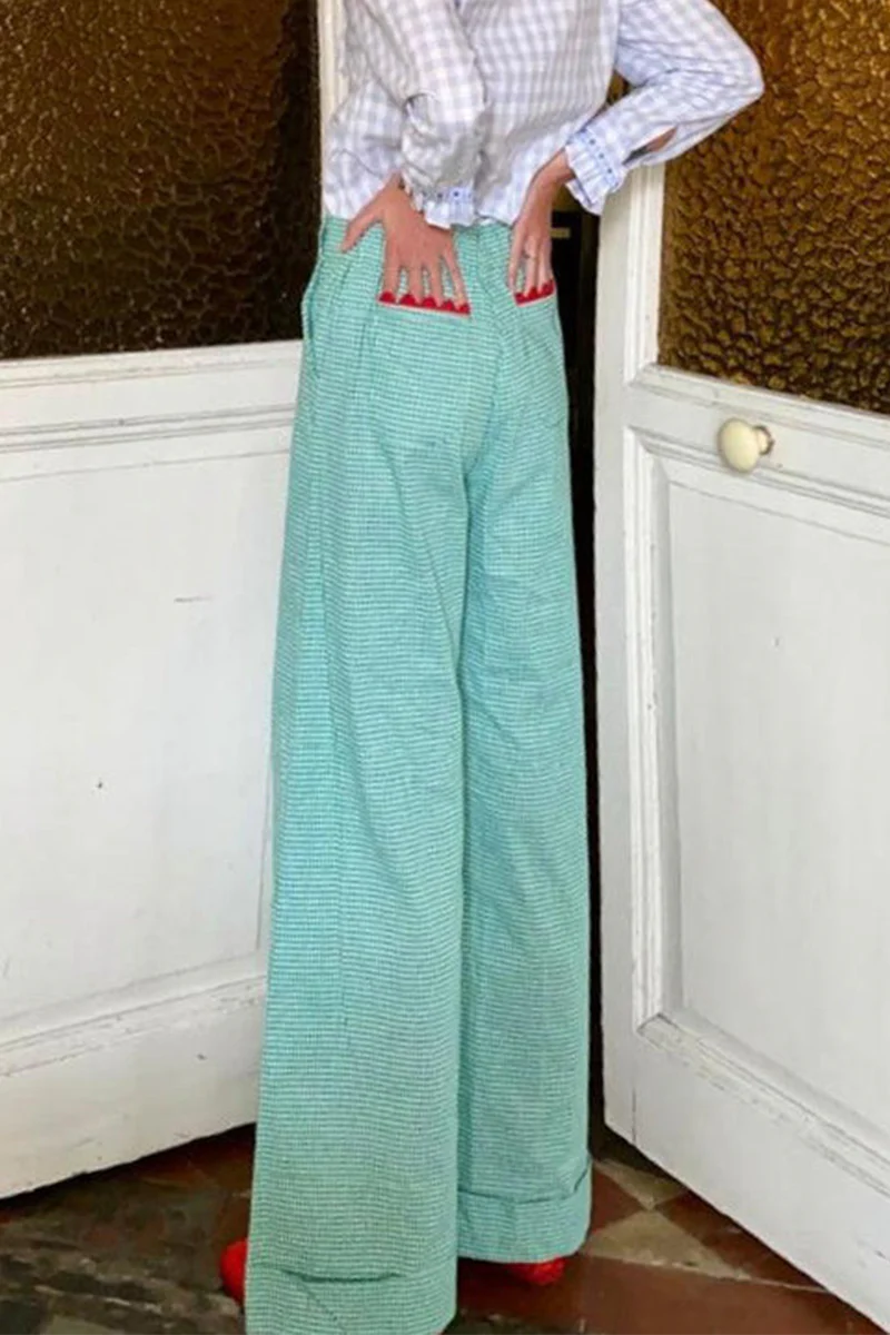 Casual Daily Plaid Stripe Pocket Loose High Waist Straight Full Print Bottoms(4 Colors) - Panekey