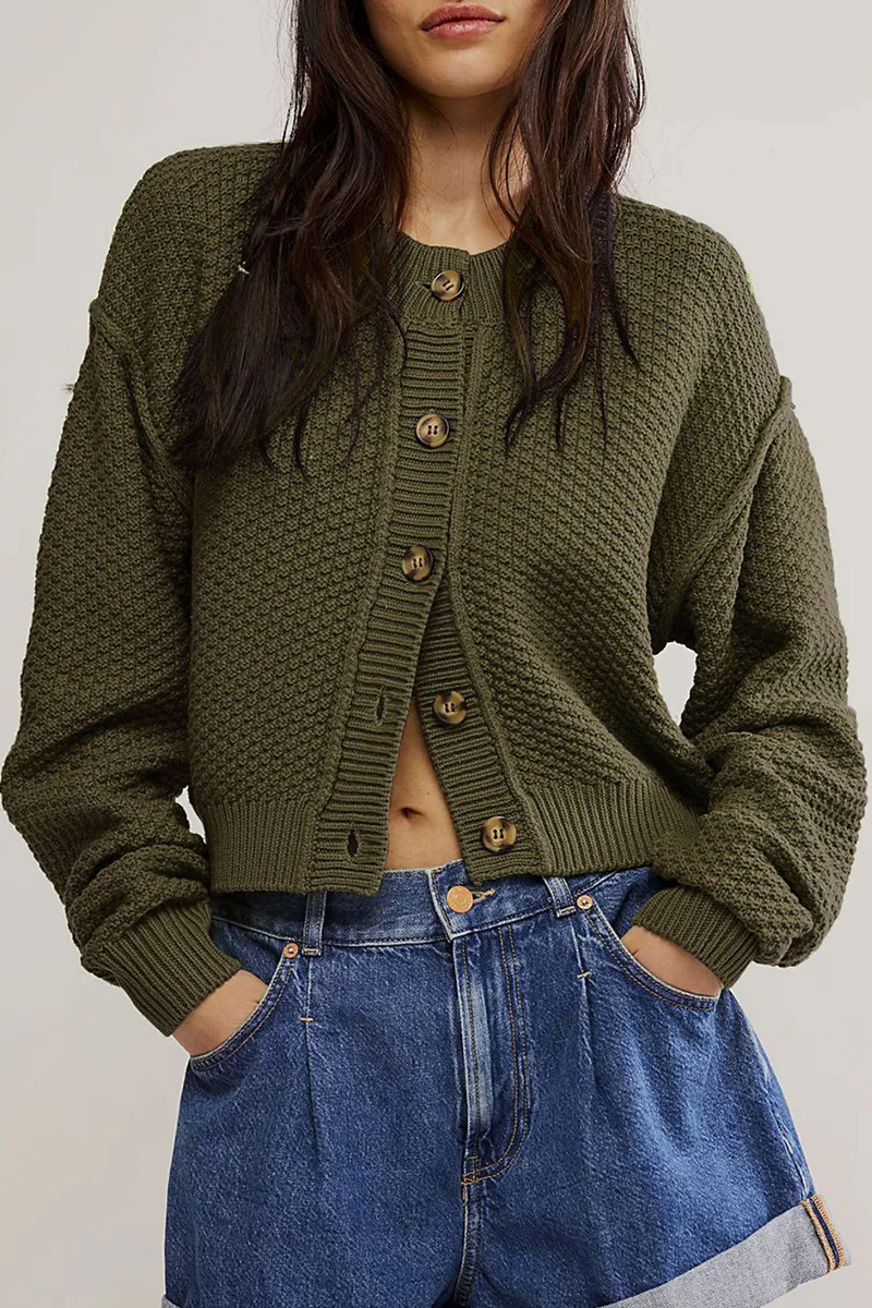 Casual Daily Solid Color Buttons Weave O Neck Outerwear(5 Colors) - Panekey