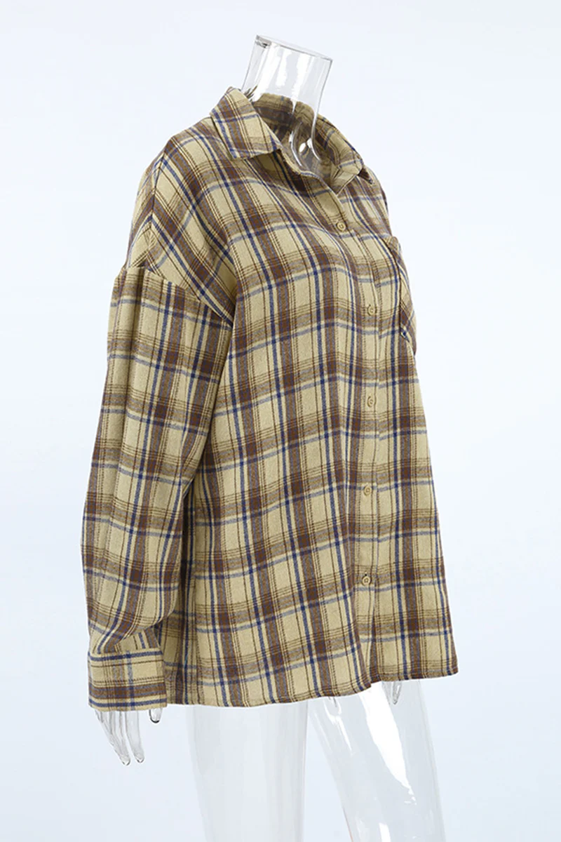 Casual Plaid Buttons Contrast Turndown Collar Blouses - Panekey