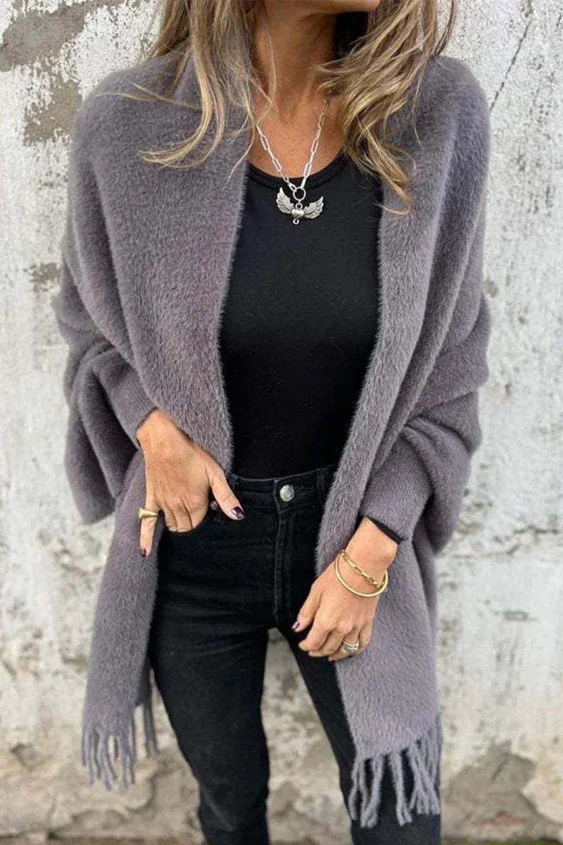 Casual Fringed Trim Fluffy Shawl Collar Outerwear(3 Colors) - Panekey