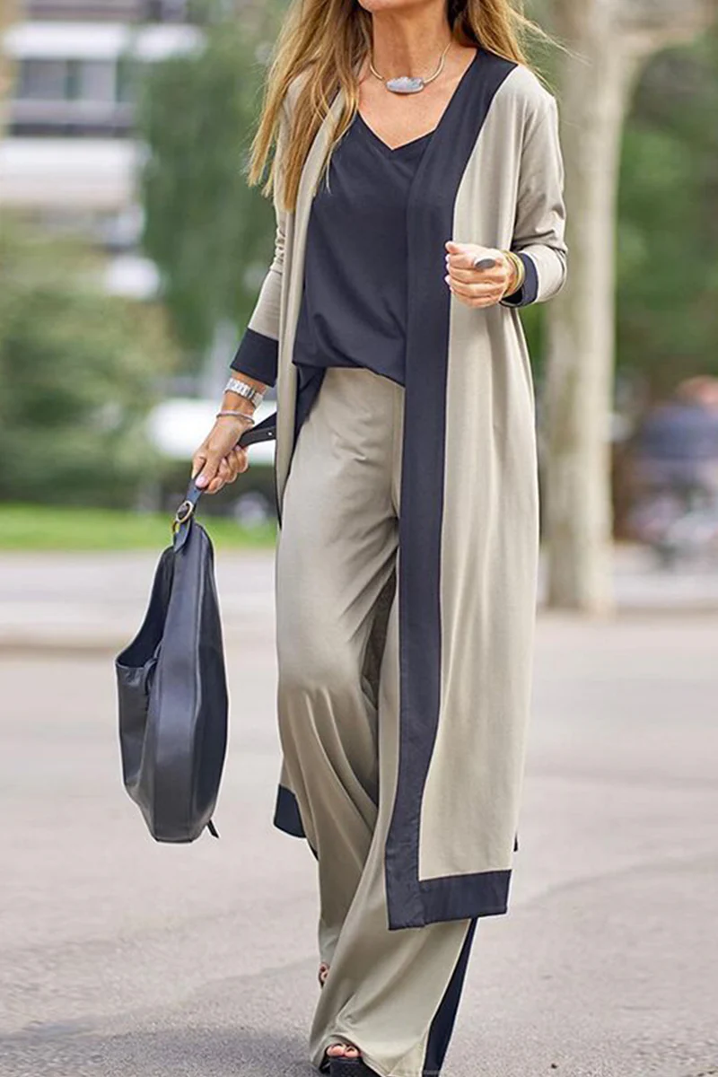Casual Elegant Patchwork Contrast V Neck Long Sleeve Three Pieces(4 Colors) - Panekey