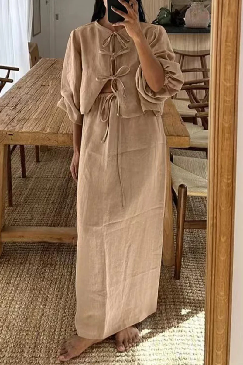 Casual Daily Solid Color Lace Up O Neck Long Sleeve Two Pieces(4 Colors) - Panekey