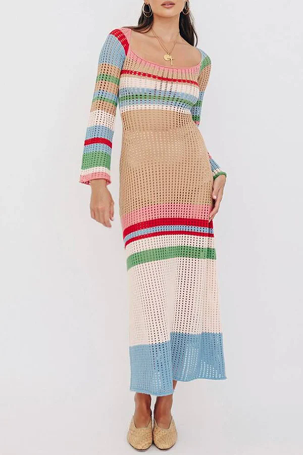 Casual Elegant Patchwork Hollowed Out Contrast U Neck Dresses - Panekey