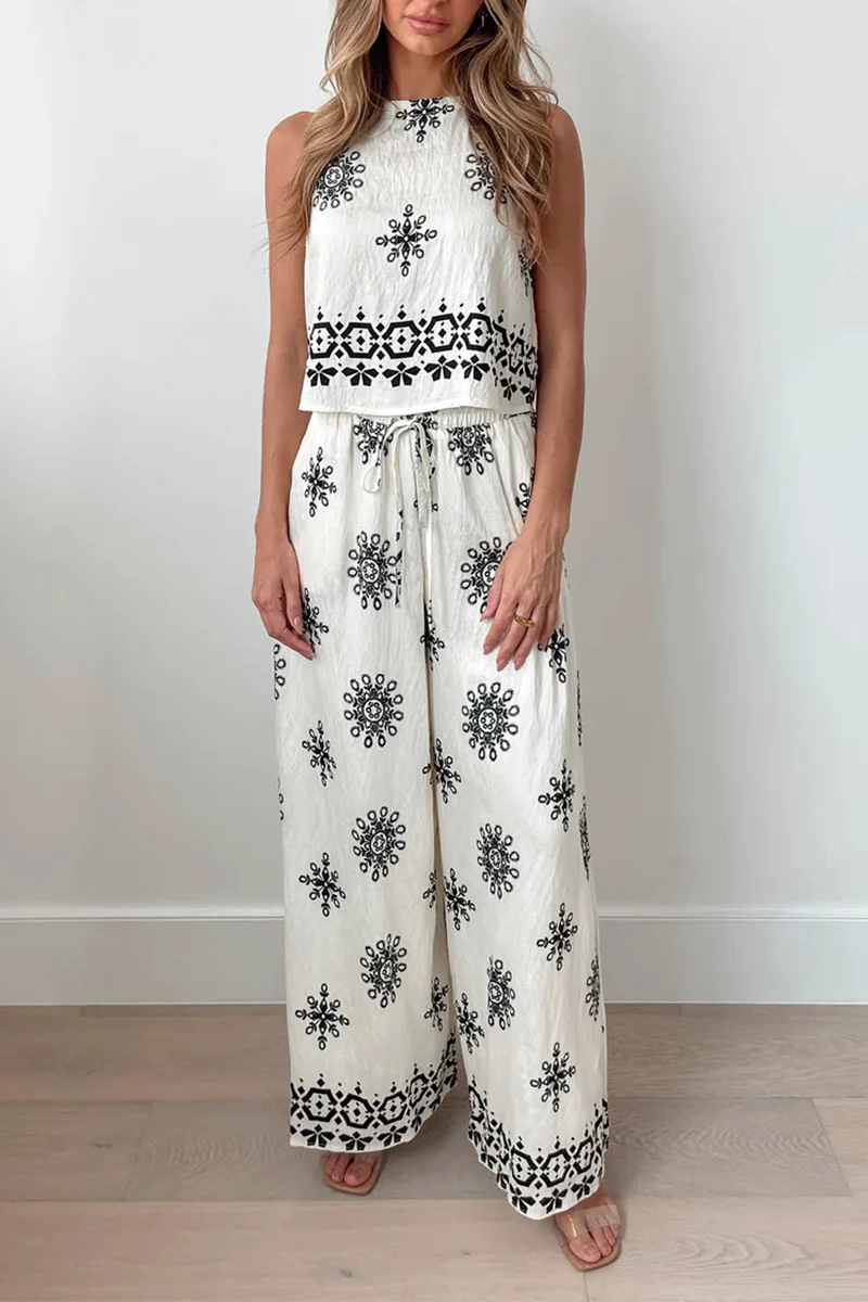 Casual Geometric Print Lace Up O Neck Sleeveless Two Pieces - Panekey