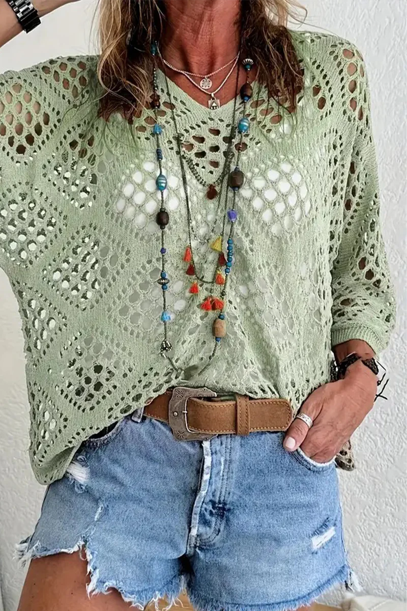 Casual Daily Solid Color Hollow Out V Neck Sweaters(5 Colors) - Panekey