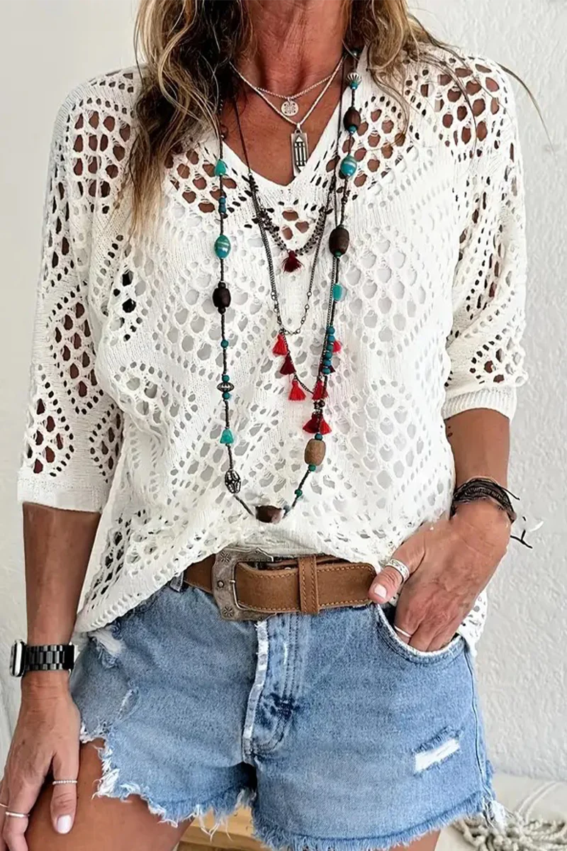 Casual Daily Solid Color Hollow Out V Neck Sweaters(5 Colors) - Panekey