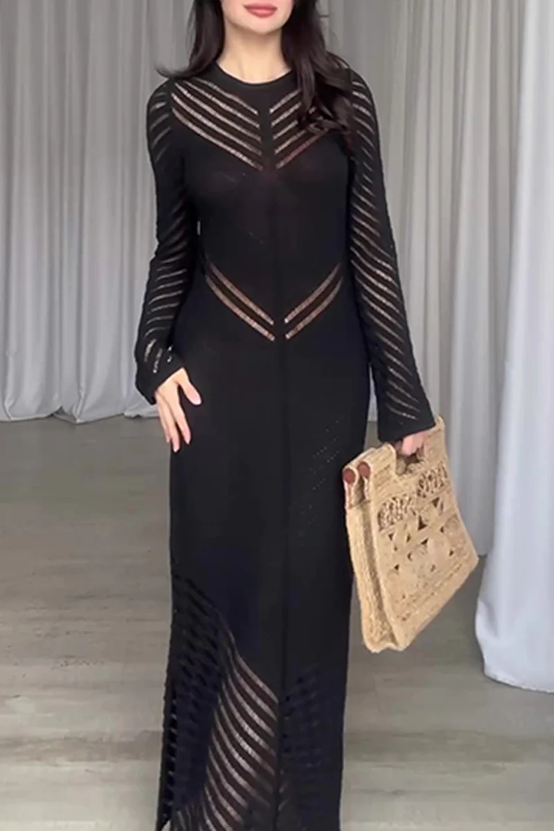 Casual Daily Solid Color Hollow Out Stringy Selvedge O Neck Wrapped Skirt Dresses - Panekey