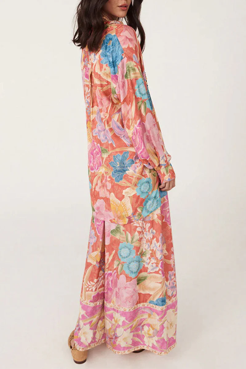 Casual Floral Print Pocket Contrast Turndown Collar Long Sleeve Two Pieces - Panekey