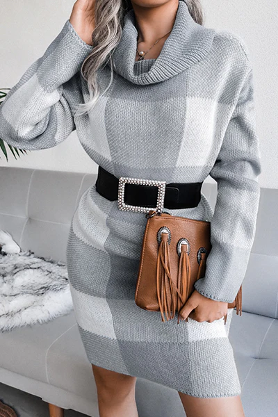 Casual Plaid Split Joint  Contrast Turtleneck Pencil Skirt Dresses Sweater (Without Belt) - Panekey