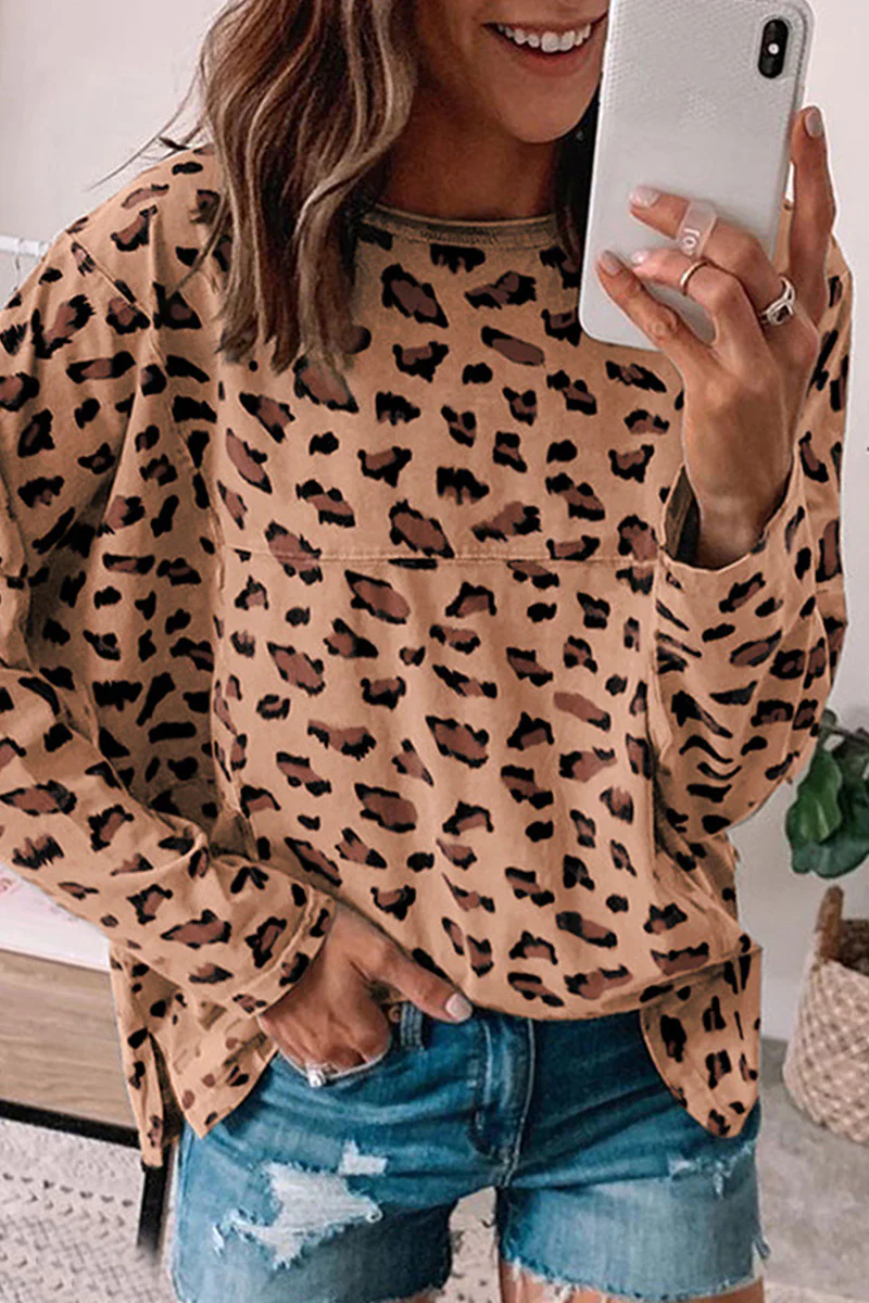 Casual Leopard Printing O Neck Tops(3 Colors) - Panekey