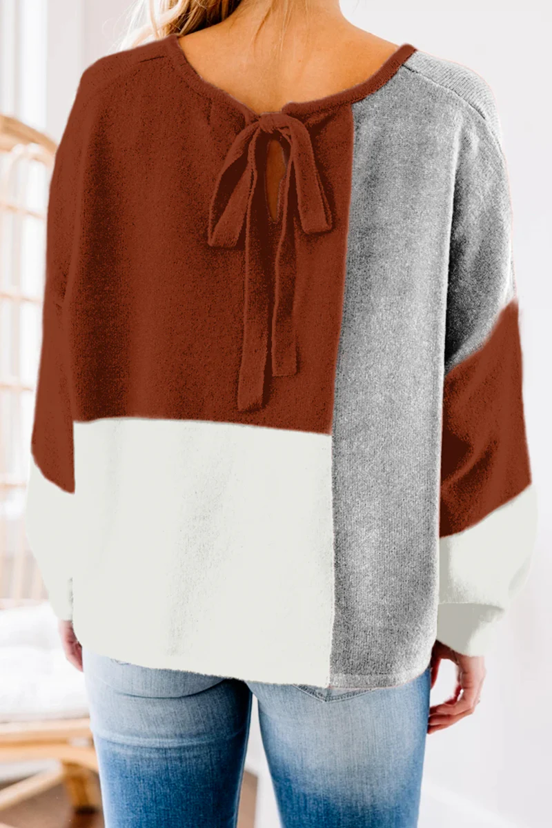 Casual Patchwork  Contrast O Neck Tops Sweater - Panekey