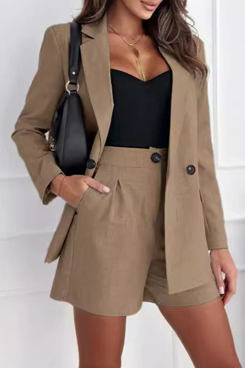 Casual British Style Solid Pocket Buttons Turn-back Collar Long Sleeve Two Pieces - Panekey