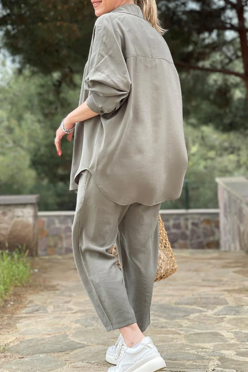 Casual Daily Solid Pocket Frenulum Turndown Collar Long Sleeve Two Pieces - Panekey