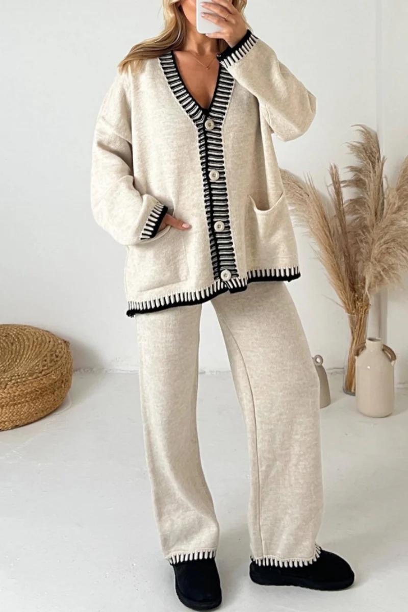 Casual Patchwork Buttons V Neck Long Sleeve Two Pieces(4 Colors) - Panekey