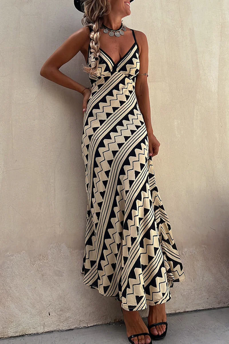 Bohemian Vacation Striped Print Patchwork V Neck Sling Dresses - Panekey