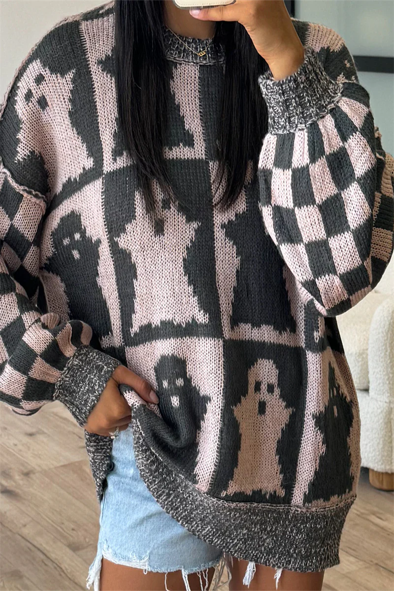 Casual Plaid Weave Contrast O Neck Sweaters - Panekey