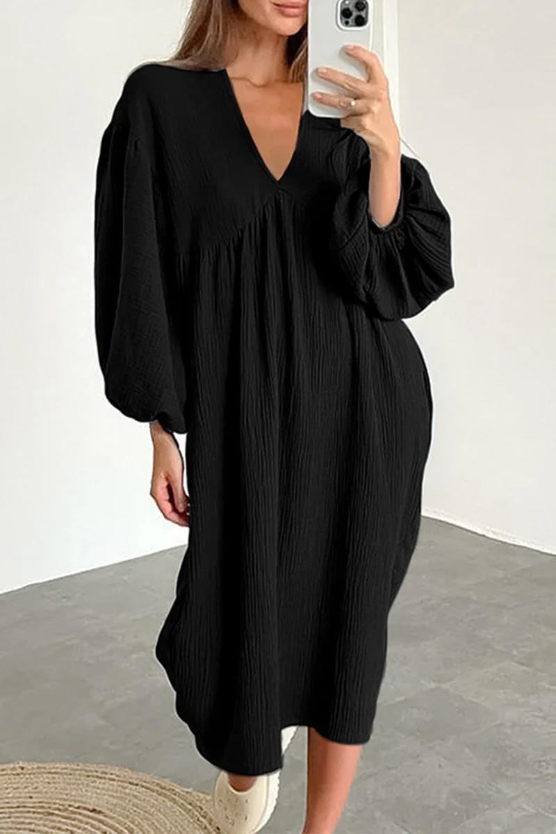 Casual Living Solid Pocket V Neck Long Sleeve Dresses - Panekey