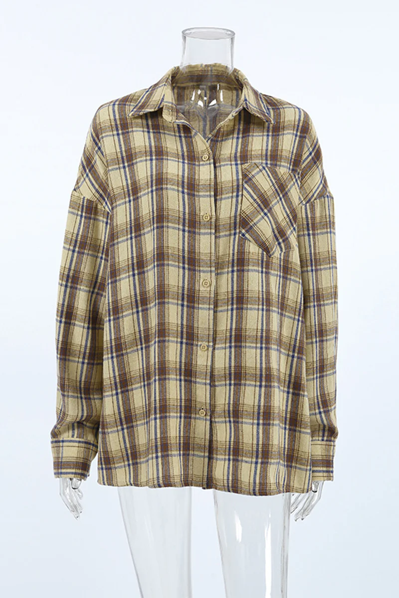 Casual Plaid Buttons Contrast Turndown Collar Blouses - Panekey