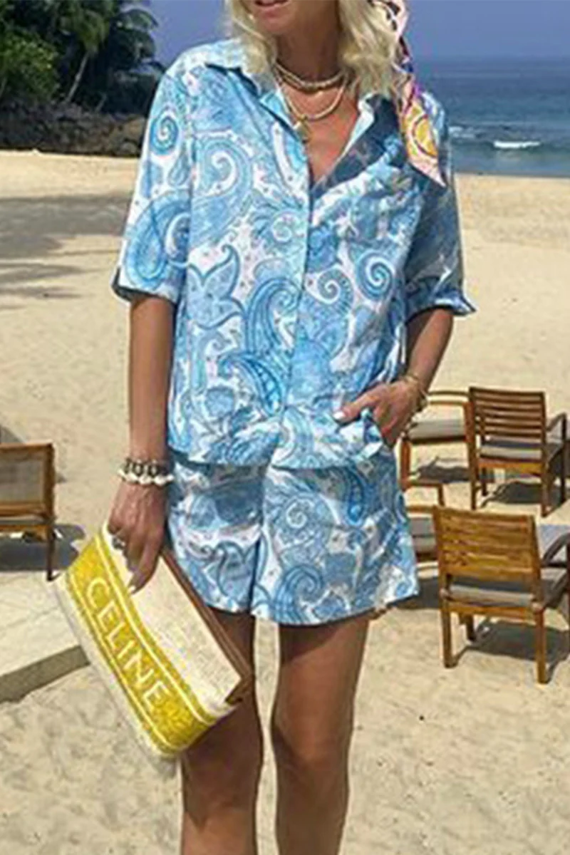 Casual Daily Floral Print Pocket Turndown Collar Short Sleeve Two Pieces - Panekey