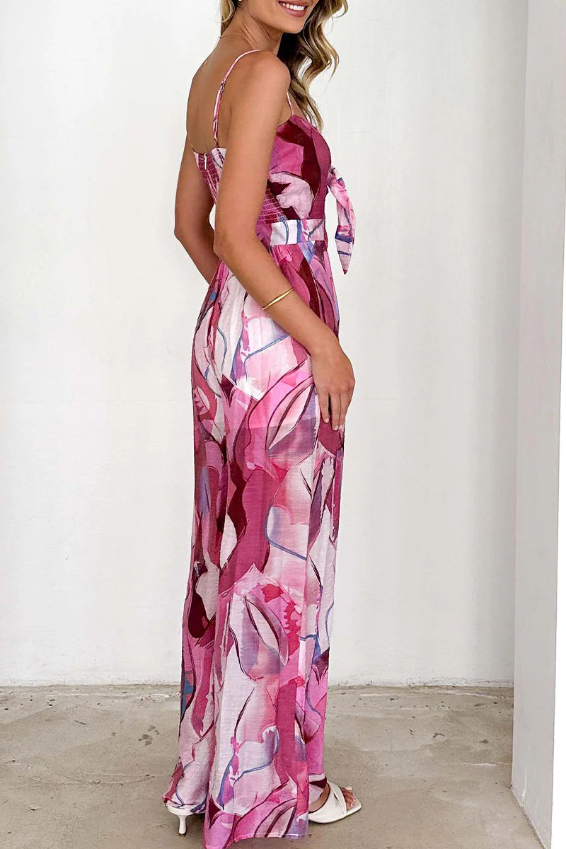 Casual Floral Print Pocket Contrast V Neck Loose Jumpsuits - Panekey