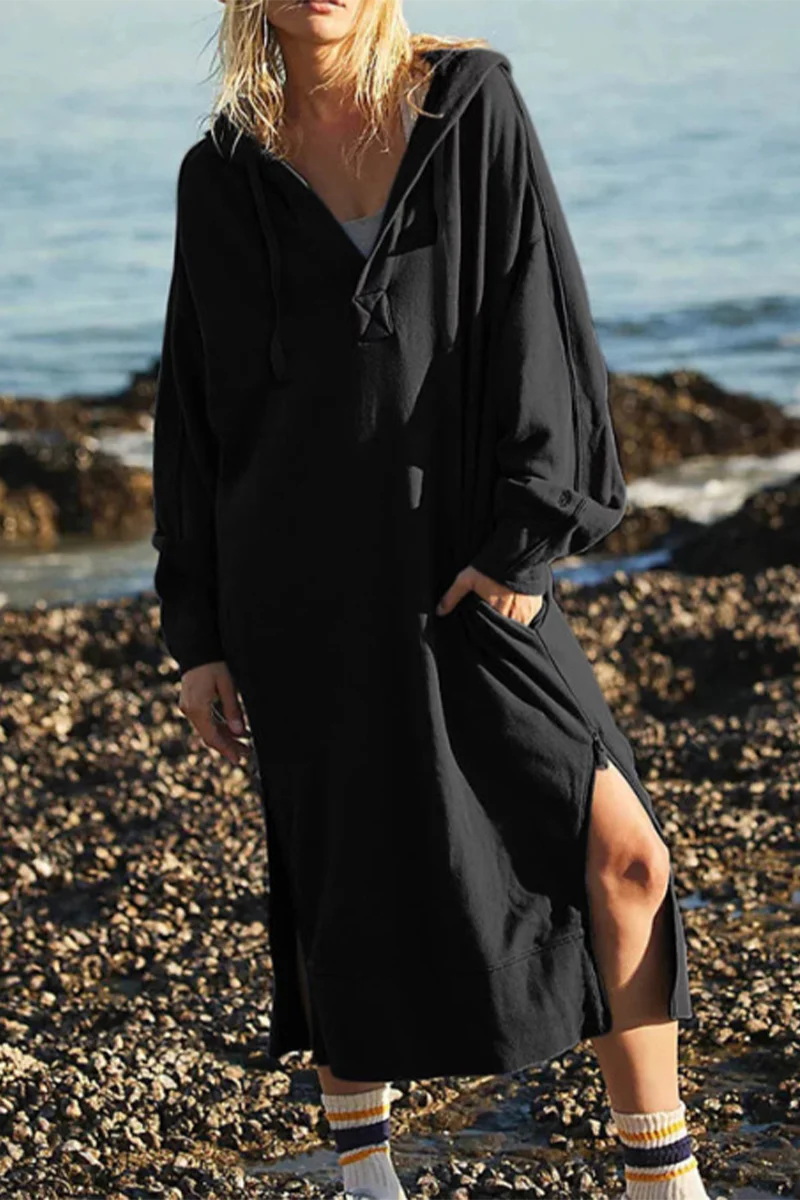 Casual Daily Pocket Slit Hooded Long Sleeve Dresses(4 Colors) - Panekey