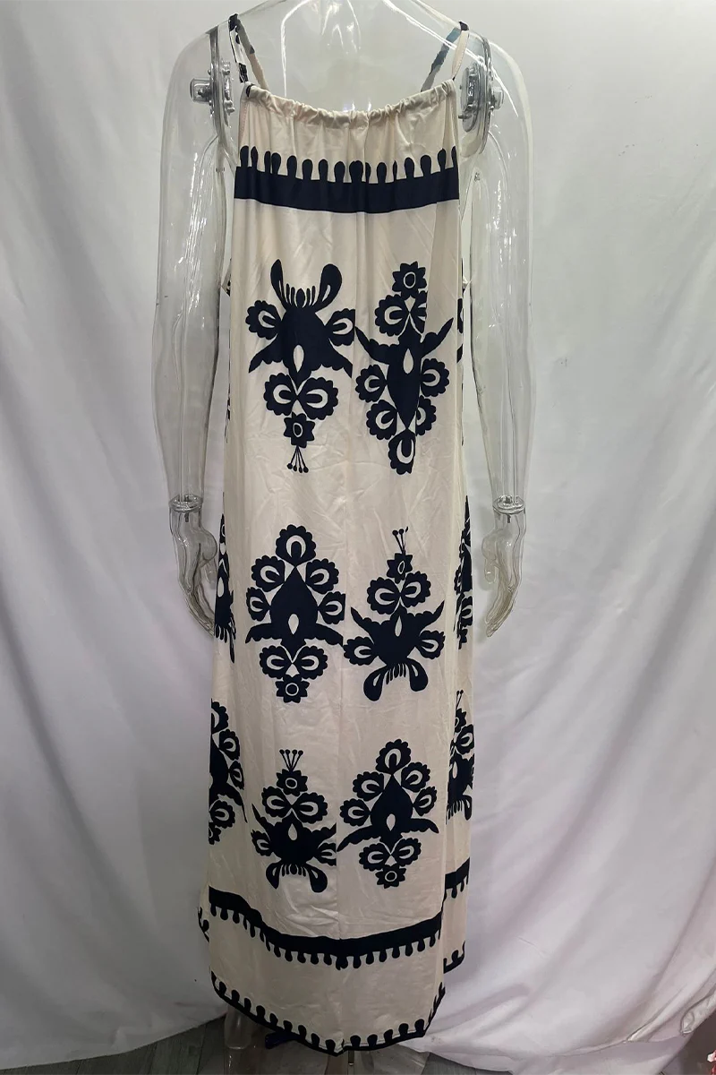 Casual National Totem Print Draw String Square Neck Sling Dresses(4 Colors) - Panekey