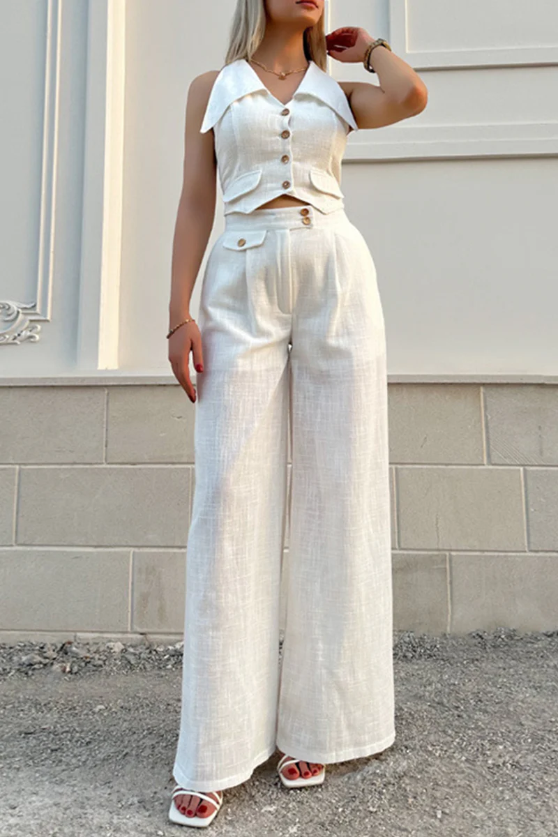 British Style Elegant Solid Pocket Buttons Turndown Collar Sleeveless Two Pieces - Panekey