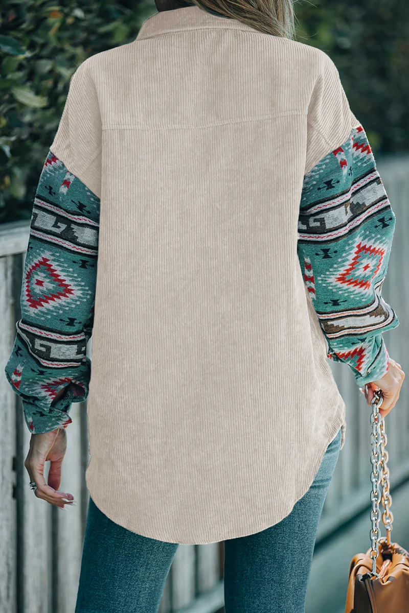 Casual Geometric Print Pocket Patchwork Contrast Turndown Collar Blouses - Panekey