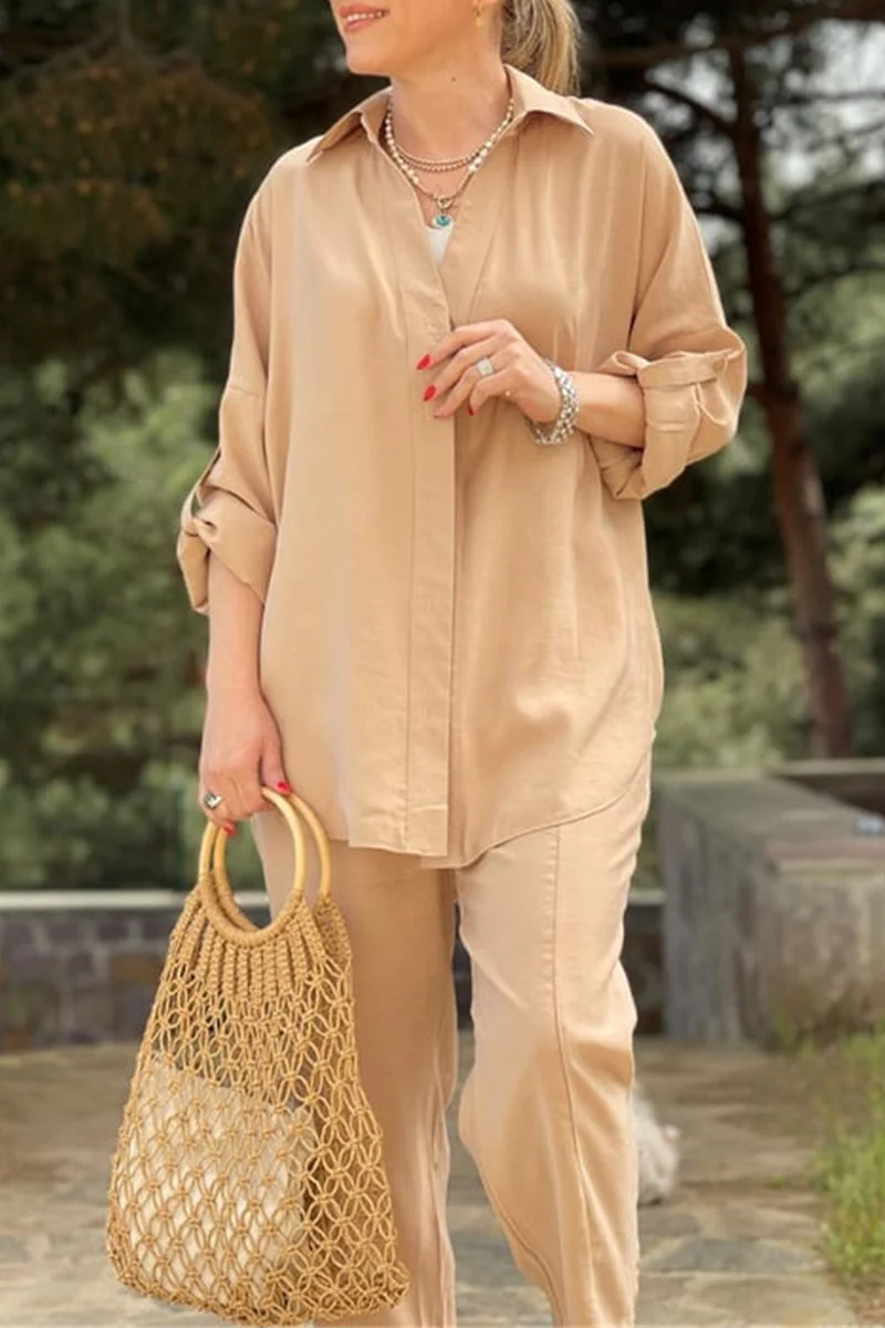 Casual Daily Solid Pocket Frenulum Turndown Collar Long Sleeve Two Pieces - Panekey