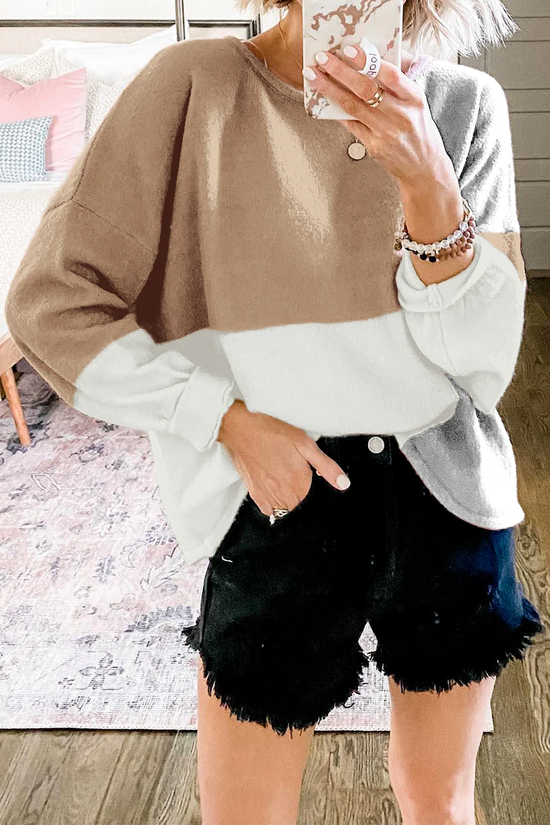 Casual Patchwork  Contrast O Neck Tops Sweater - Panekey