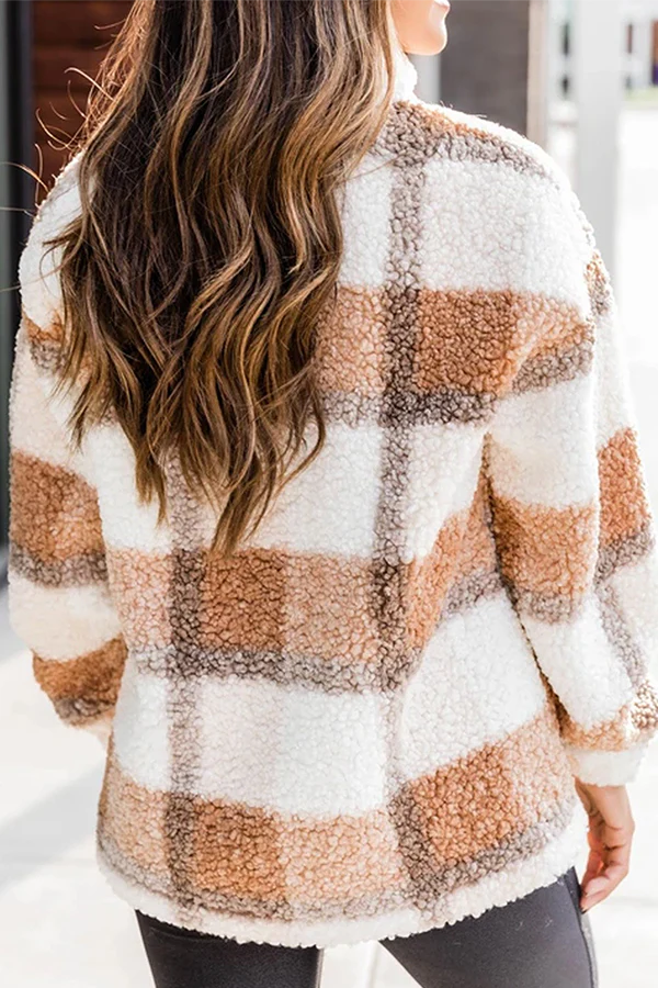 Casual Plaid Patchwork Zipper Mandarin Collar Tops - Panekey