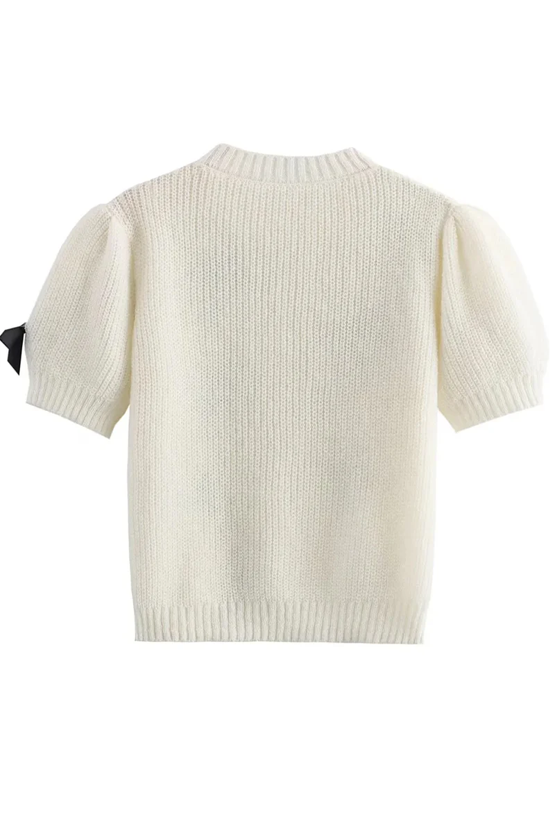 Casual Bow Patchwork Contrast O Neck Sweaters - Panekey