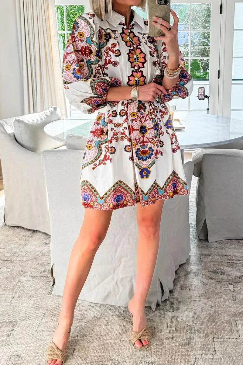 Casual Daily Floral Print Pocket Buttons Turndown Collar A Line Dresses - Panekey