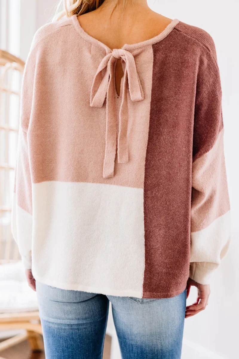 Casual Patchwork  Contrast O Neck Tops Sweater - Panekey