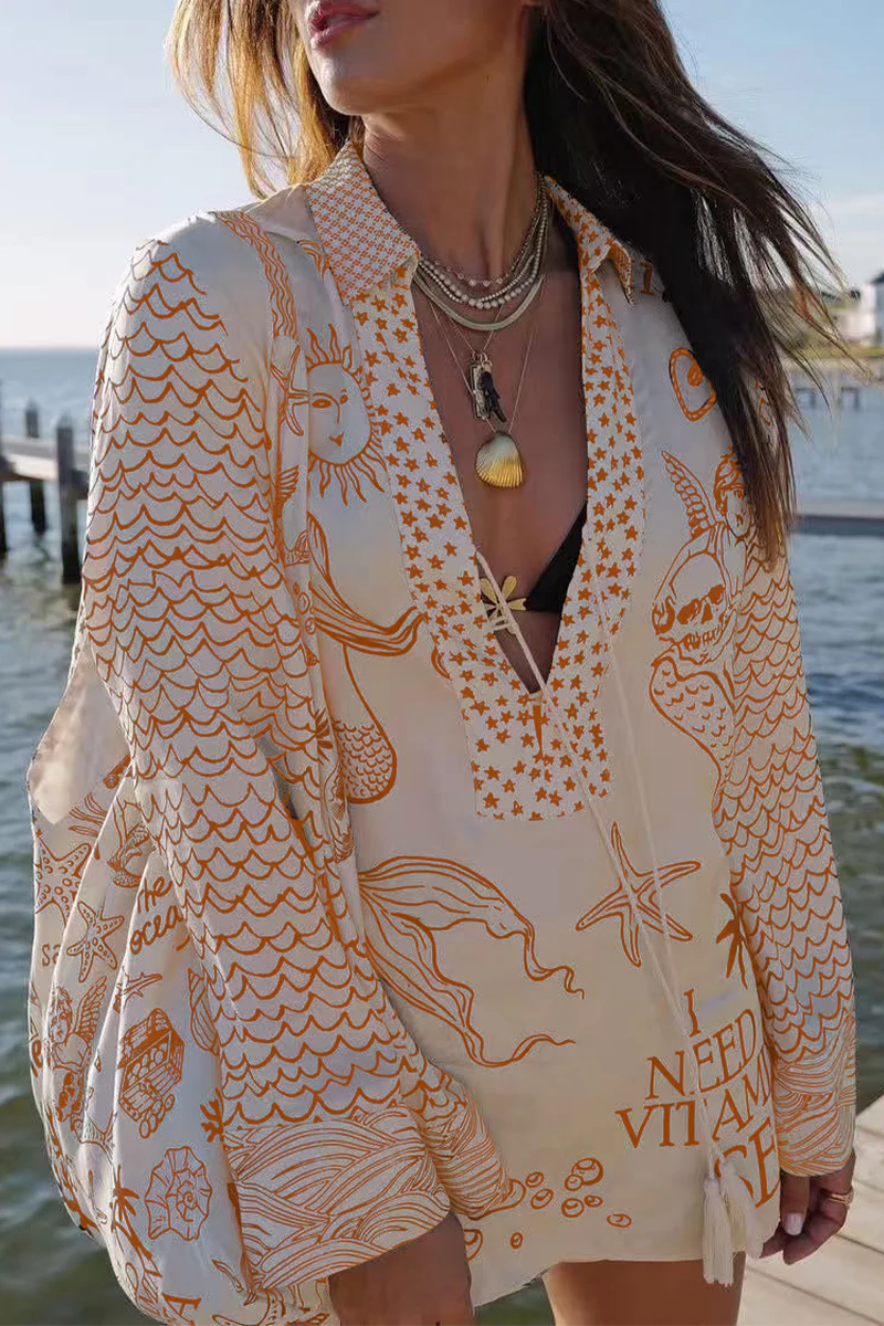 Casual Graffiti Print Tassel Contrast V Neck Long Sleeve Two Pieces - Panekey