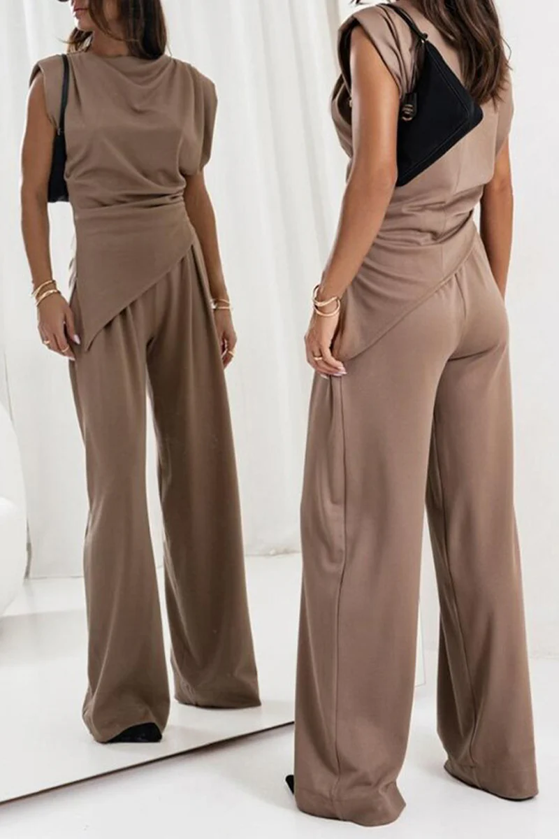 Casual Pocket Ruched O Neck Sleeveless Two Pieces(4 Colors) - Panekey