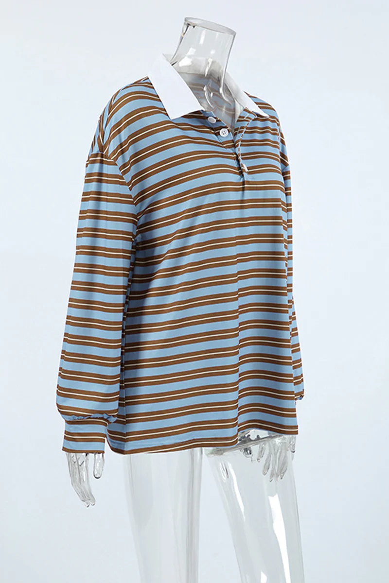 Casual Daily Striped Print Buttons Contrast Turndown Collar Tops - Panekey