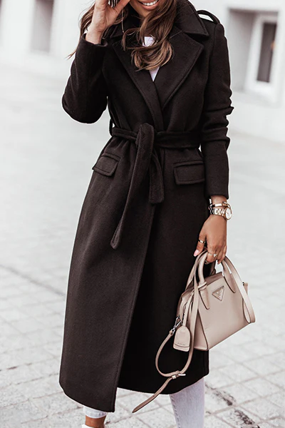 Casual Elegant Solid Patchwork With Belt Turn-back Collar Outerwear(4 Colors) - Panekey