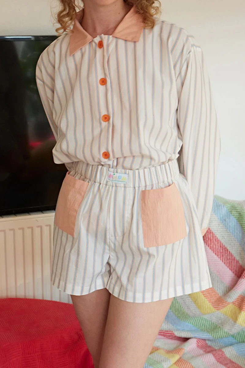 Casual Daily Stripe Patchwork Contrast Turndown Collar Long Sleeve Two Pieces - Panekey