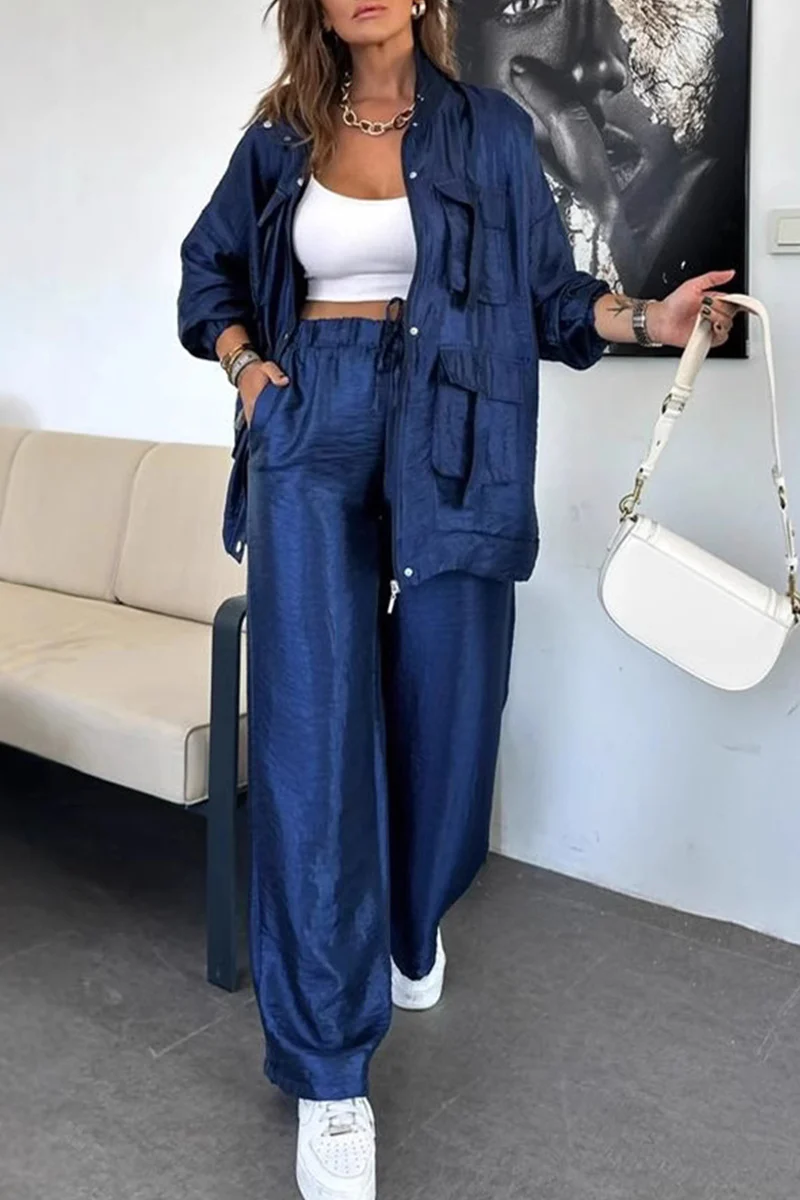 Casual Pocket Ruched Mandarin Collar Long Sleeve Two Pieces(6 Colors) - Panekey