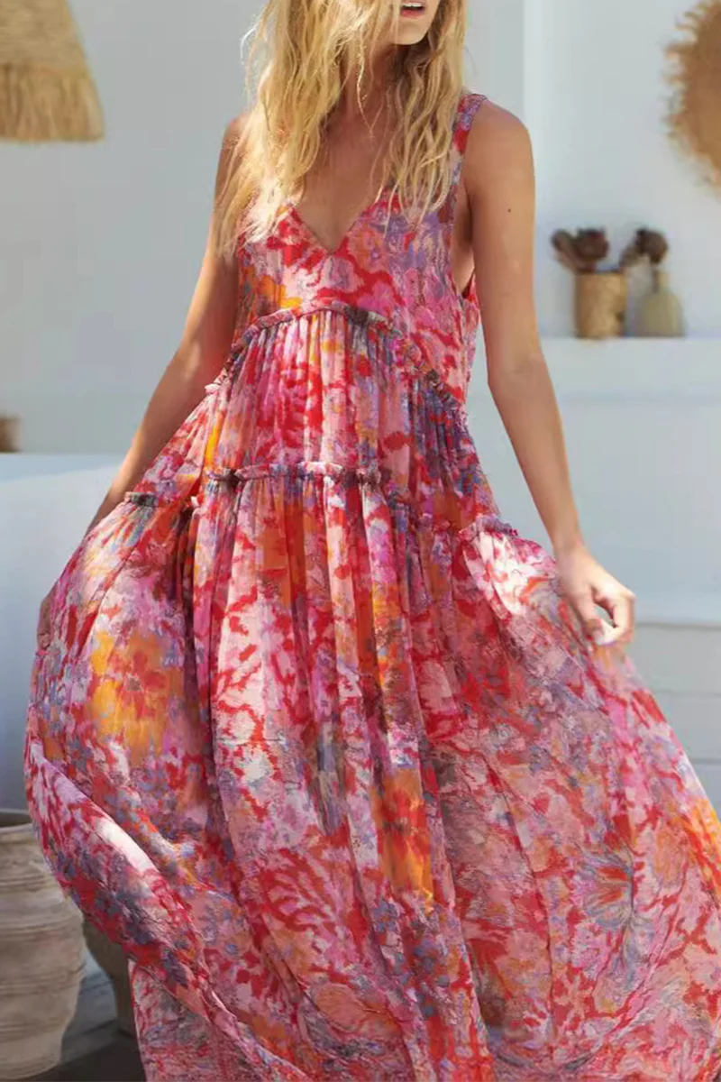 Casual Floral Fold V Neck Sleeveless Dresses - Panekey