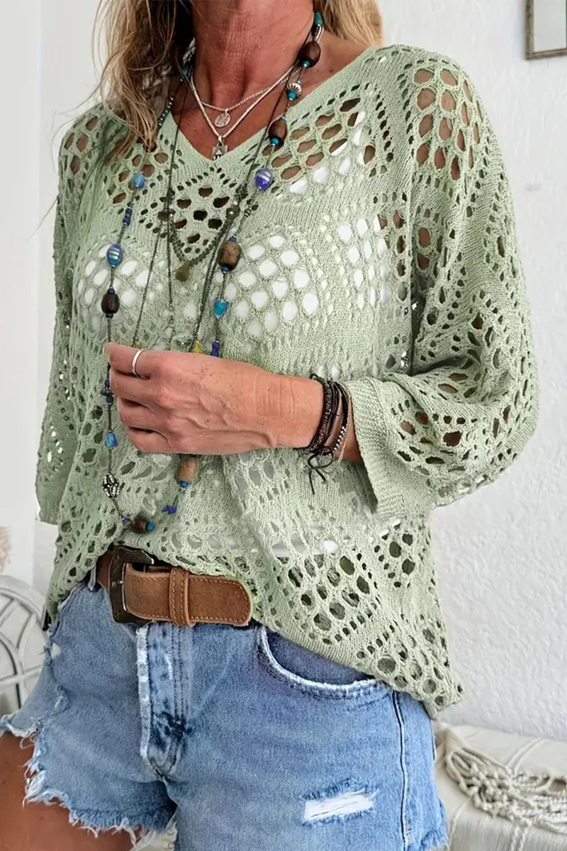 Casual Daily Solid Color Hollow Out V Neck Sweaters(5 Colors) - Panekey