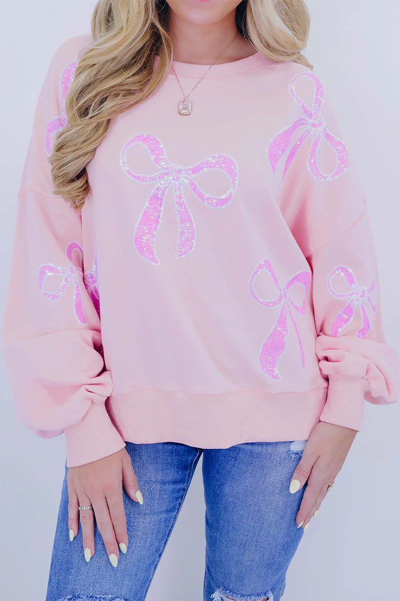 Casual Bow Embroidered Sequins O Neck Sweats - Panekey