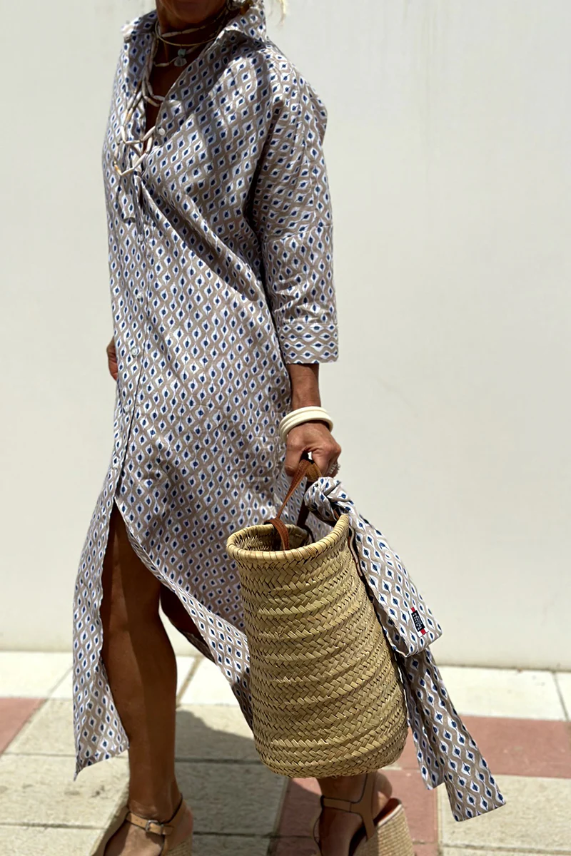 Casual Plaid Striped Print Buttons With Belt Turndown Collar Shirt Dresses(5 Colors) - Panekey