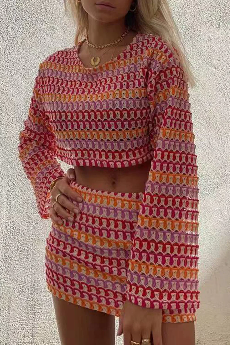 Casual Colorblock Lace Contrast O Neck Long Sleeve Two Pieces - Panekey