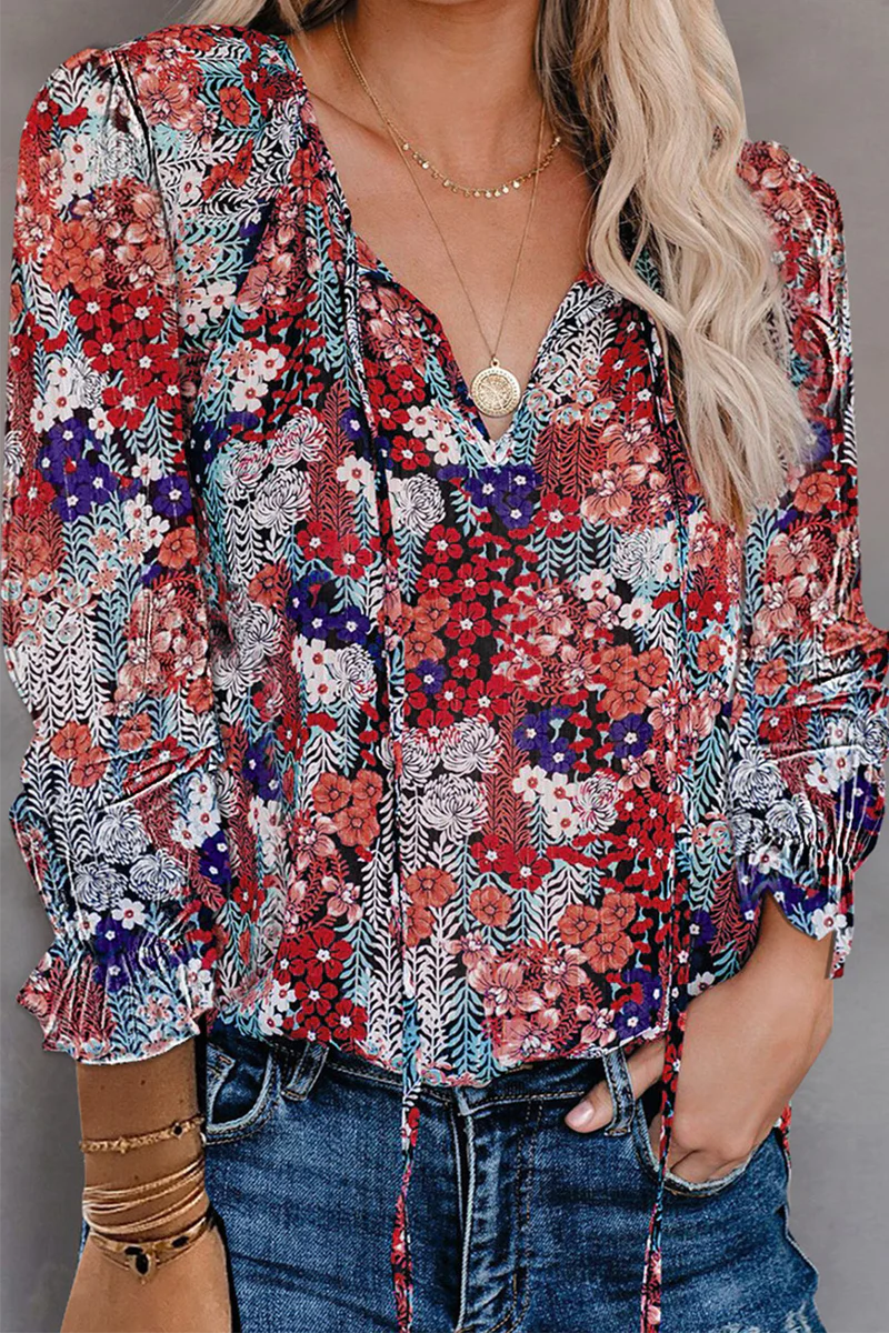 Casual Elegant Print Patchwork Frenulum V Neck Tops(7 Colors) - Panekey