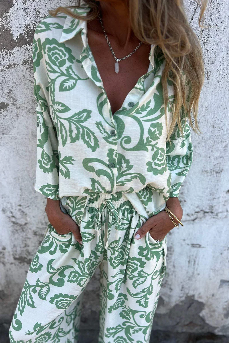 Casual Floral Print Pocket Contrast Turndown Collar Three Quarter Two Pieces - Panekey
