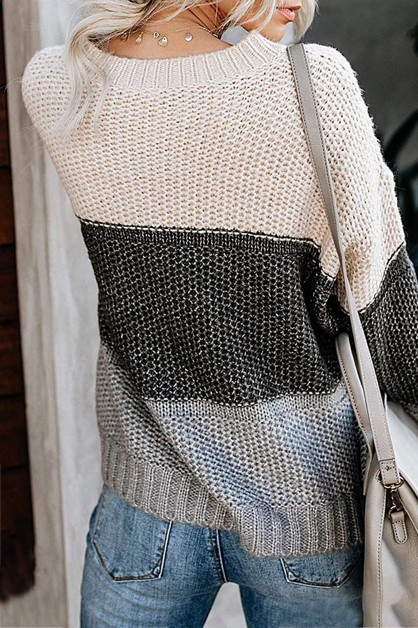 Casual Patchwork Basic  Contrast O Neck Tops Sweater - Panekey